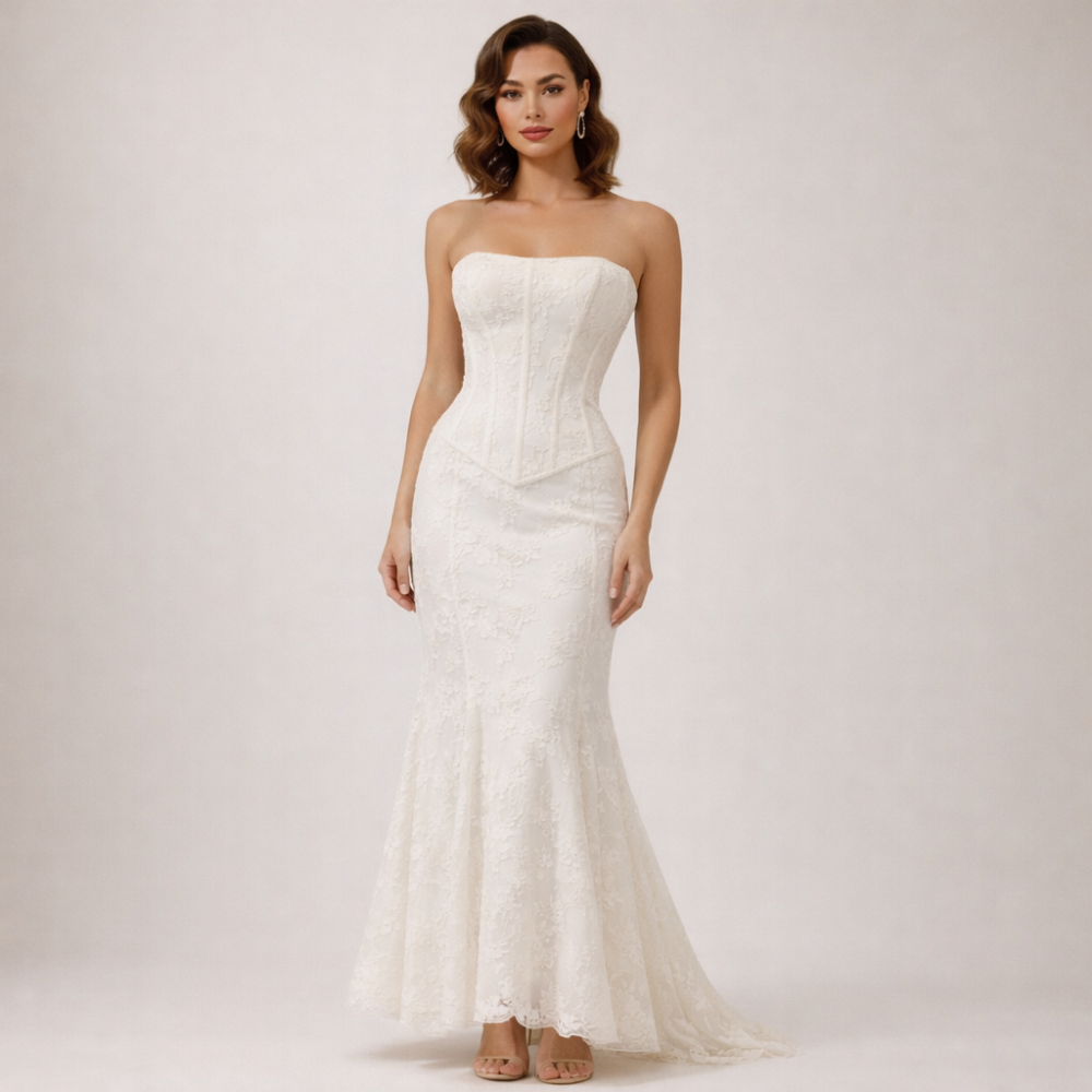 Damen Maxikleid trägerlos mit strukturiertem Oberteil und ausgestelltem Saum