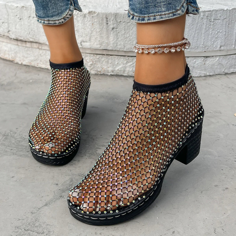 Damen Mesh-Ankelschuhe mit Strassdetails und Blockabsatz