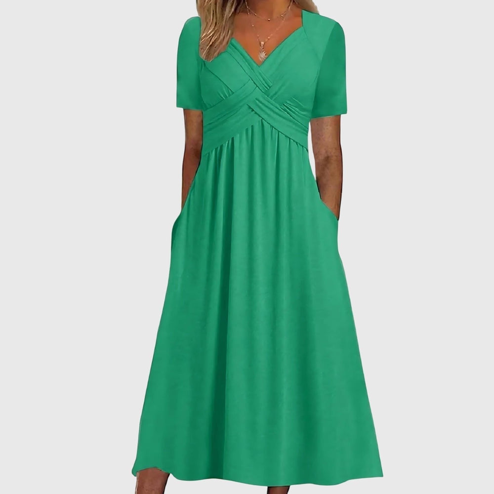 Nora | Damen Midi-Kleid mit Bauchkontrolle V-Ausschnitt Wickeloptik