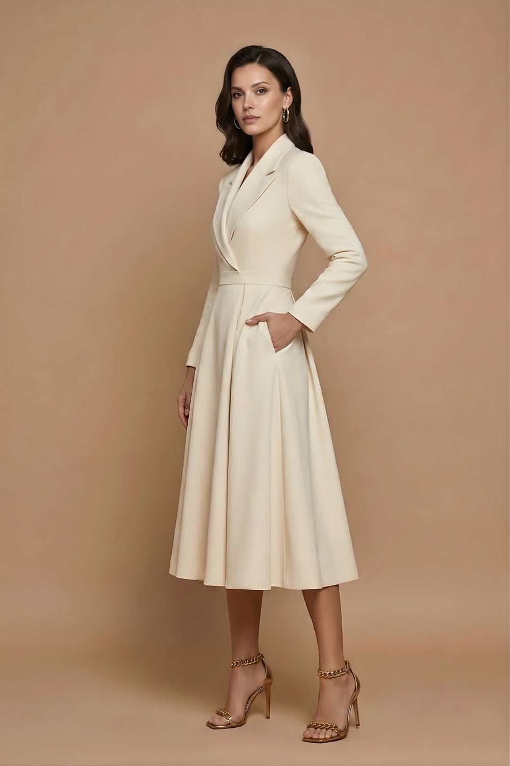 Damen Midi Kleid mit langen Ärmeln, Wickeloptik und Gürtel