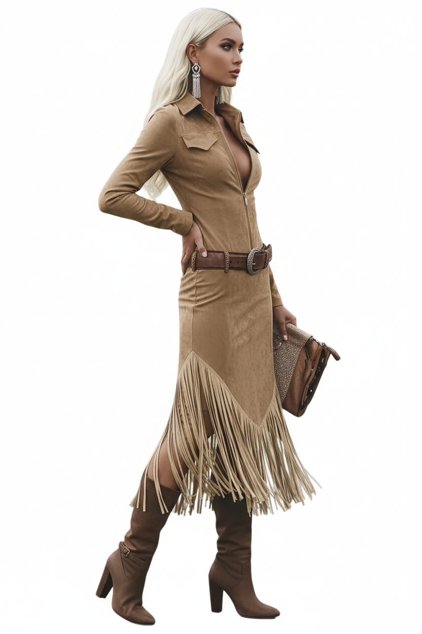 Damen Midi Kleid mit Reißverschluss und Fransen