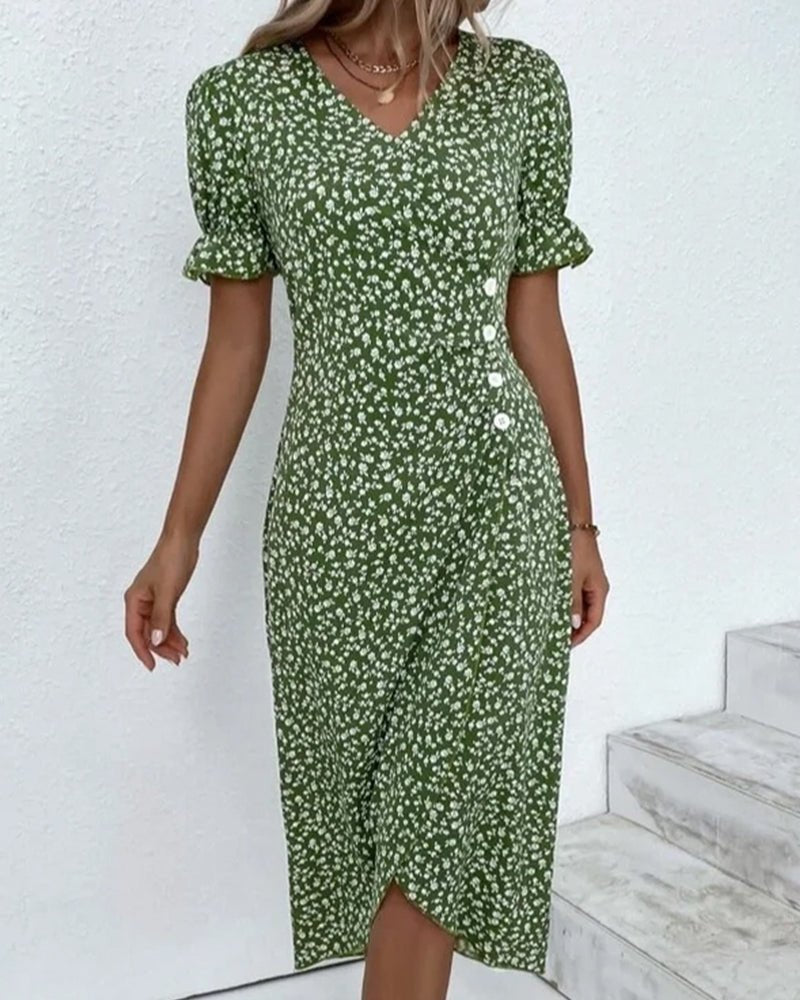 Hannah | Damen Midi Kleid V-Ausschnitt Blumenmuster Wickelstil