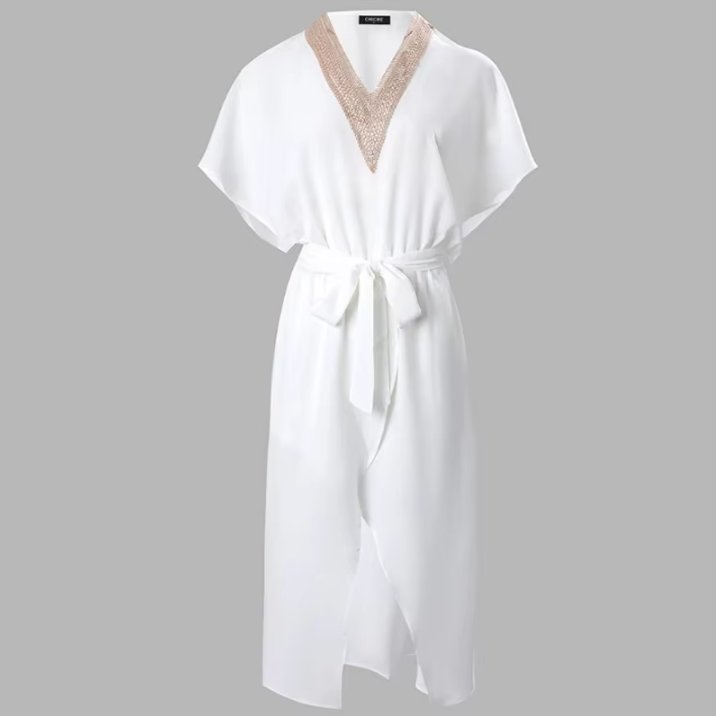 Johanna | Damen Midi Kleid V-Ausschnitt Gold-Detail Kurzarm