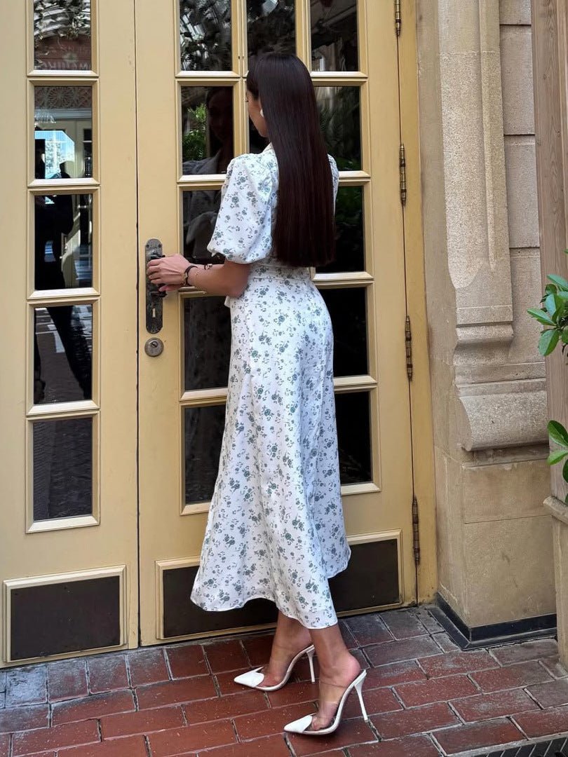 Damen Midikleid mit Blumenmuster, Puffärmeln und Taillenschleife