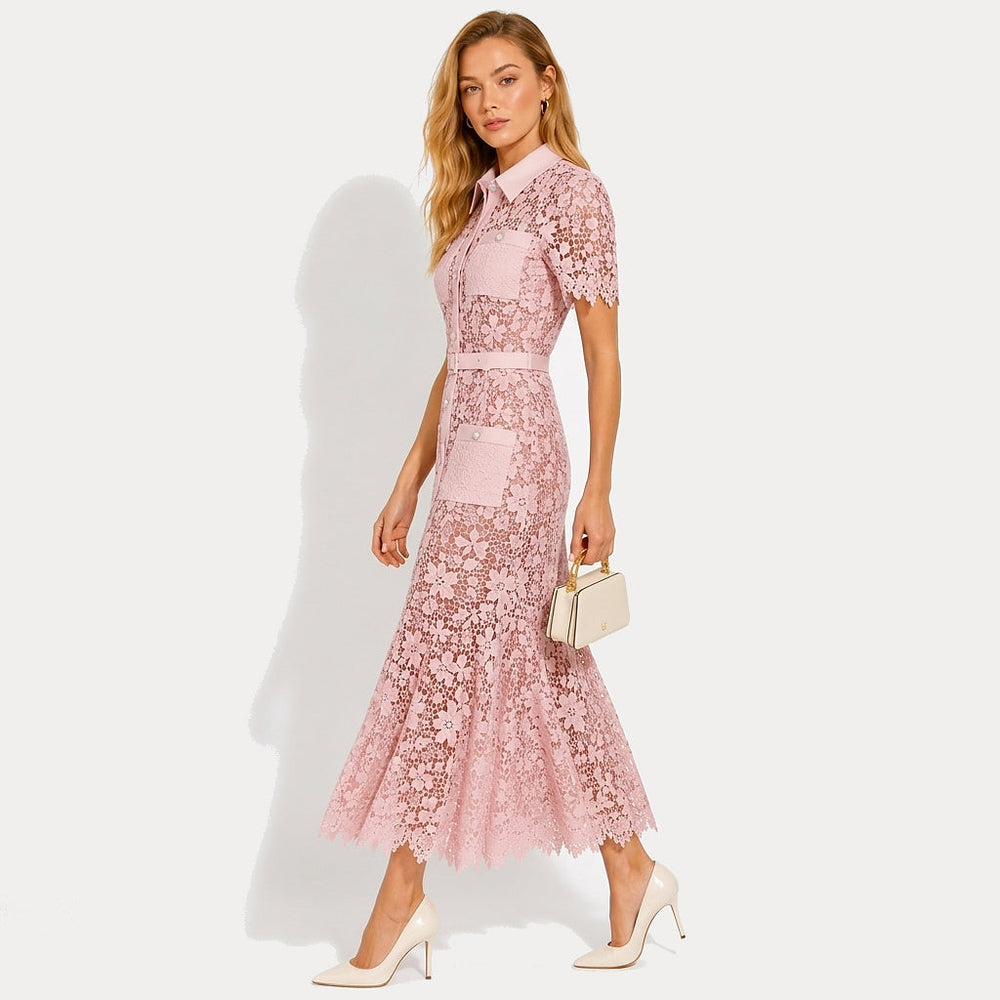 Damen Midikleid mit Blumenmuster und Gürtel und Taschen