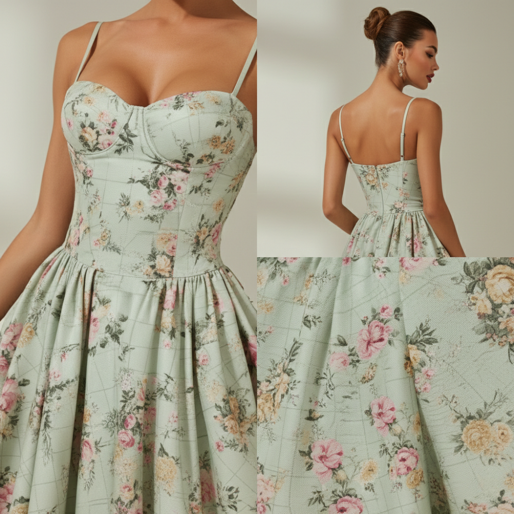 Damen Midikleid mit Blumenmuster und schmalen Trägern