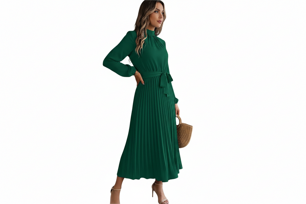 Damen-Midikleid mit Falten, langen Ärmeln und Taillengürtel