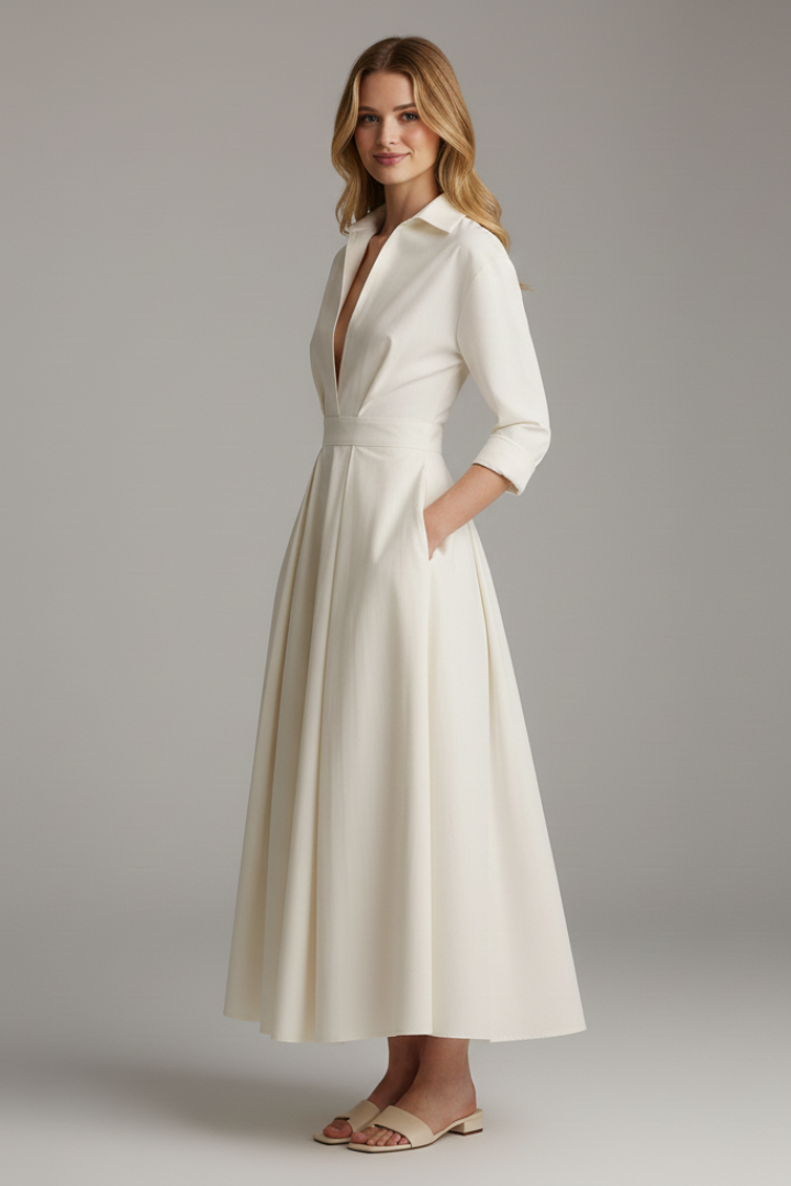 Damen Midikleid mit Kragen, V-Ausschnitt und Faltenrock