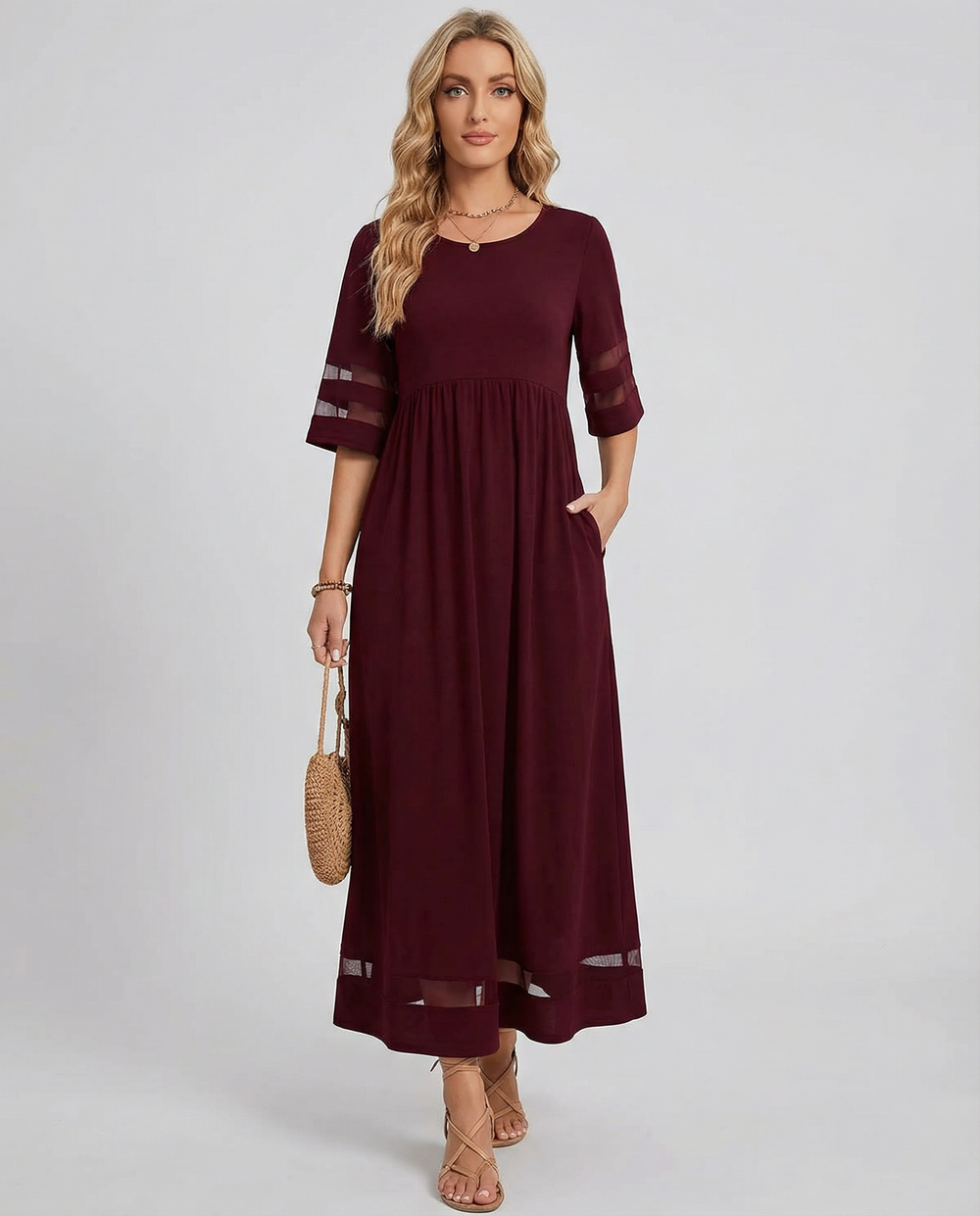 Damen Midikleid mit Rundhalsausschnitt und halblangen Ärmeln