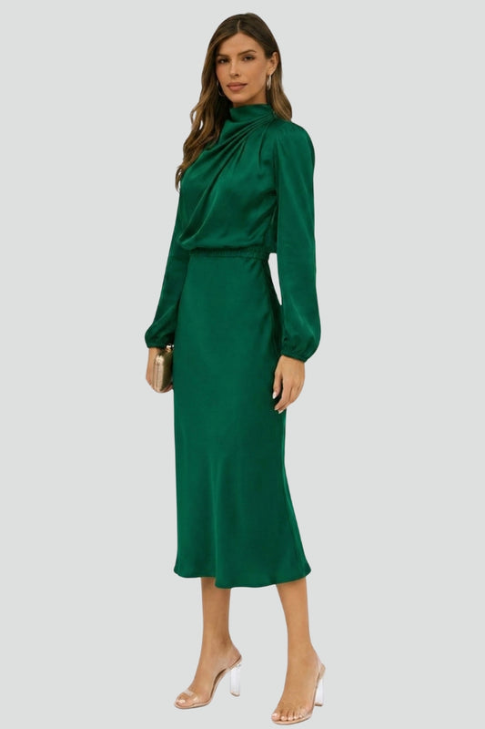 Damen Midikleid mit Stehkragen und langen Ärmeln