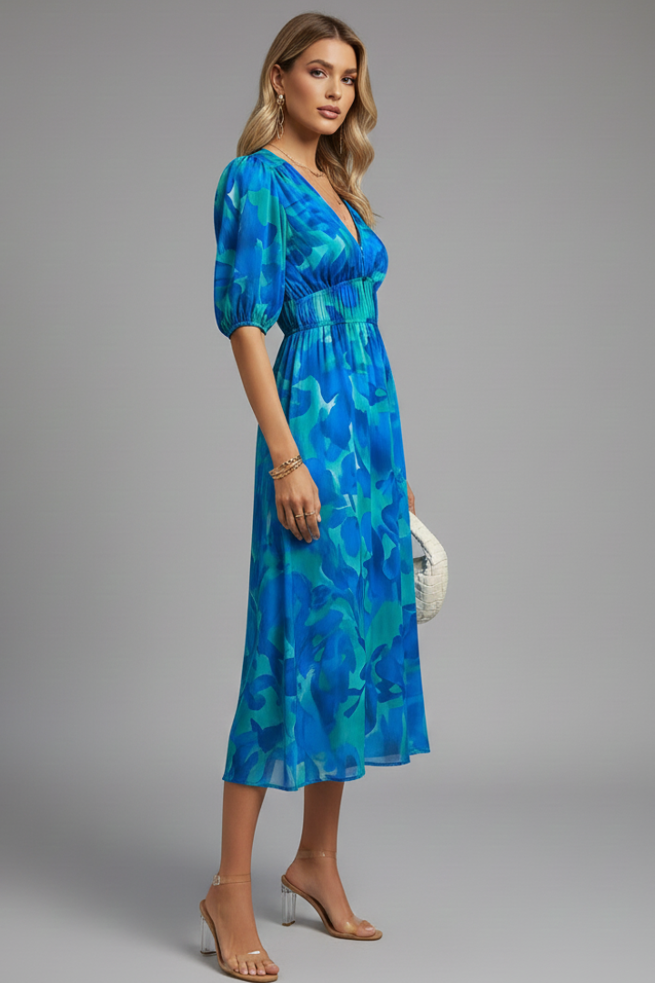 Damen Midikleid mit V-Ausschnitt, elastischer Taille und Puffärmeln
