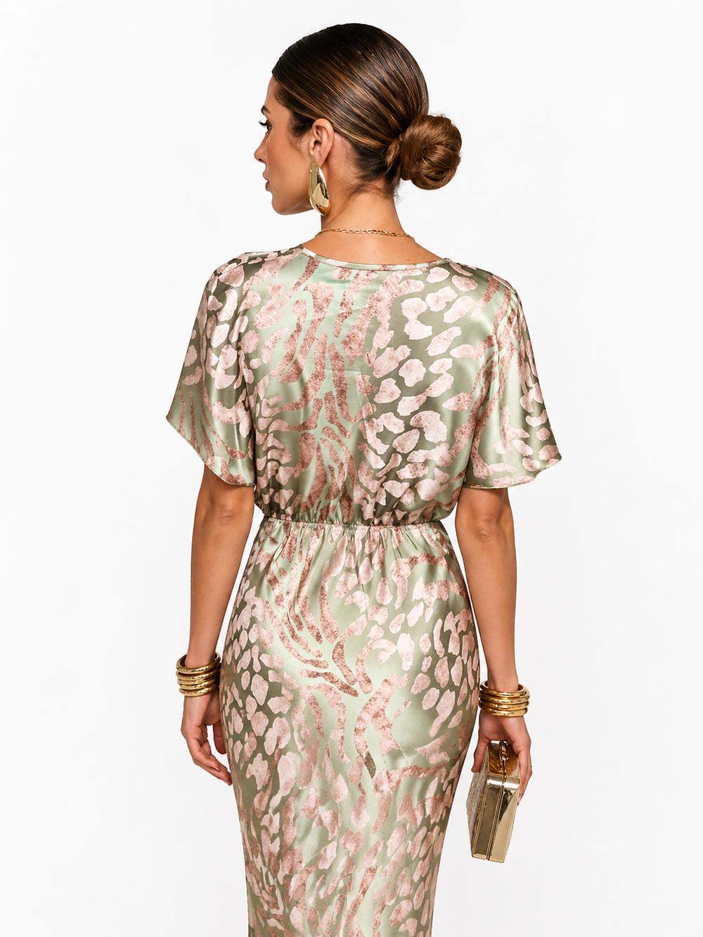 Damen Midikleid mit V-Ausschnitt, Kurzarm und Taillenknoten