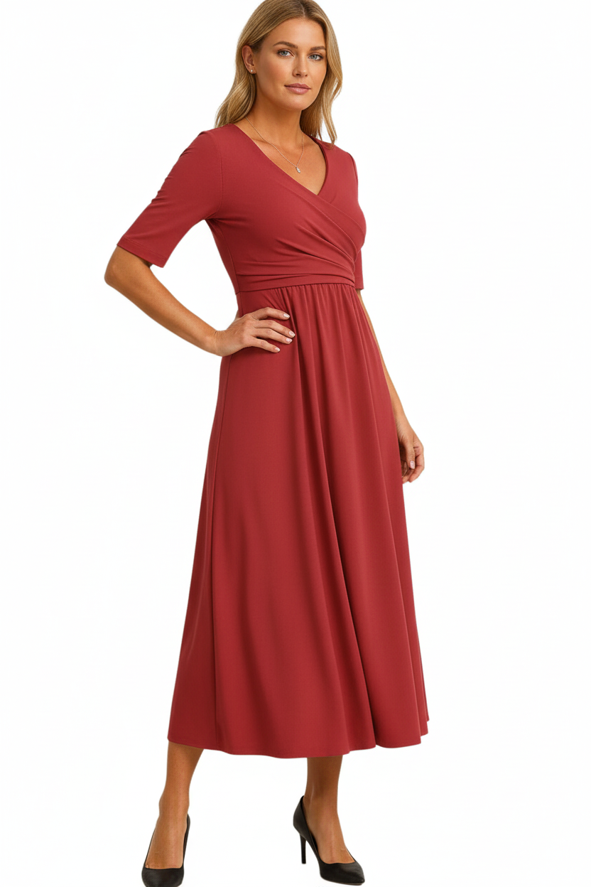 Damen-Midikleid mit Wickeloberteil und kurzen Ärmeln
