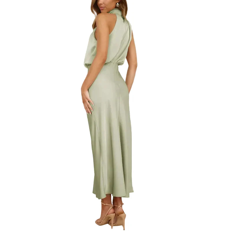Damen Midikleid ohne Ärmel mit drapiertem Stehkragen