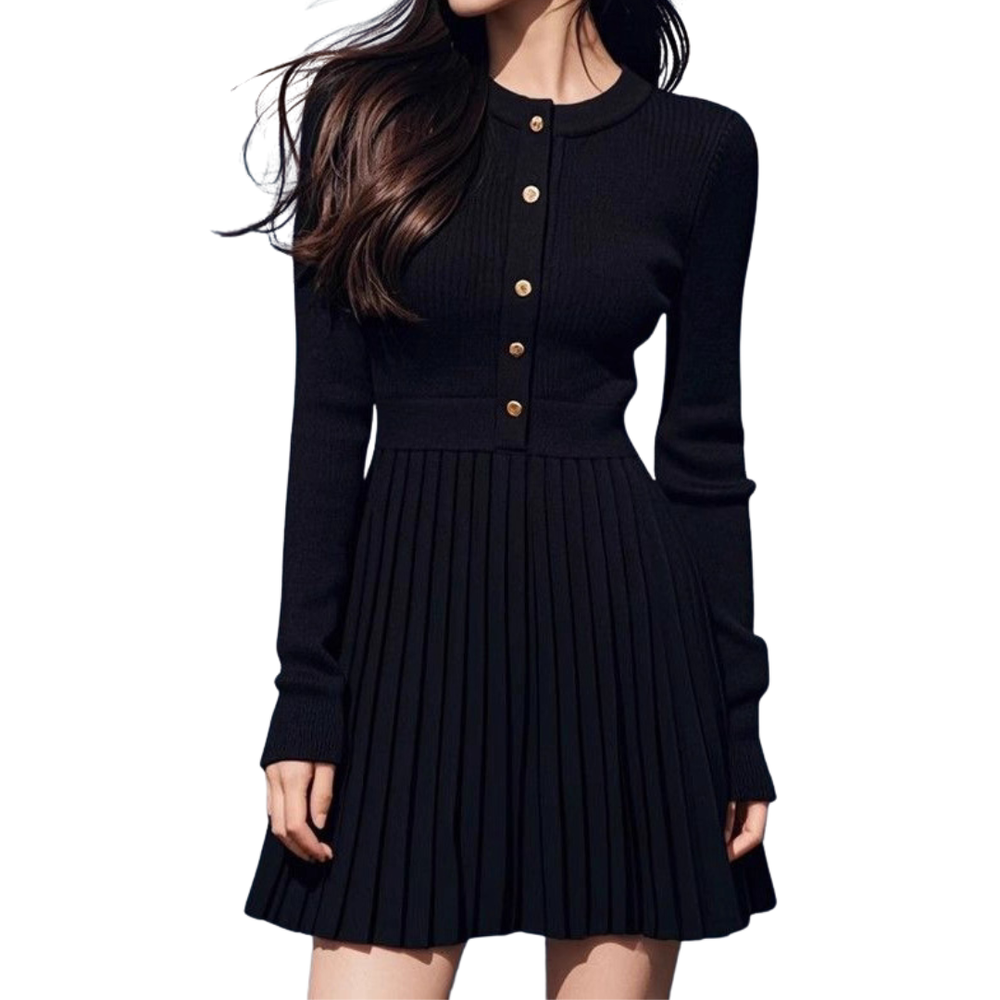 Damen Mini Kleid mit langen Ärmeln, Knopfleiste und Rüschensaum