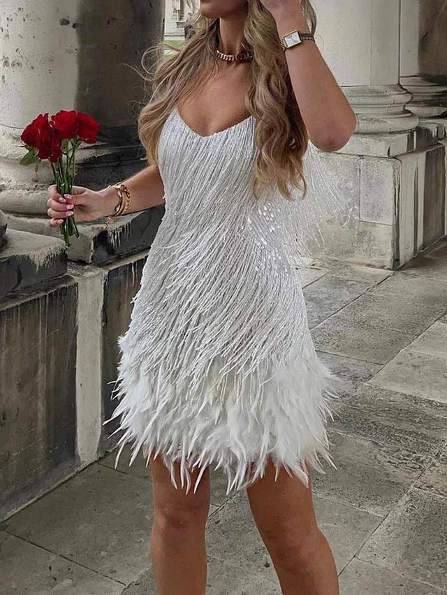 Damen Minikleid mit Fransen und Federbesatz
