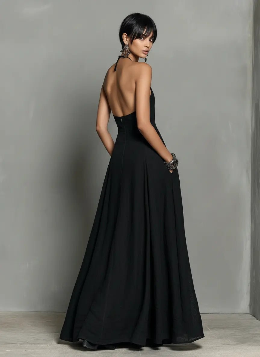 Mia | Damen Neckholder Leinen Maxi Kleid Ärmellos