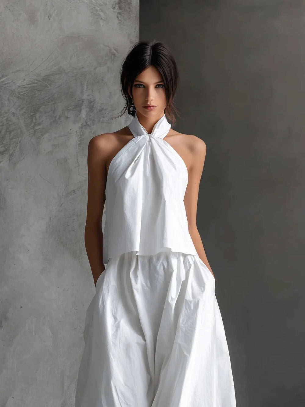 Hannah | Damen Neckholder Linen Top Rock Set Ärmellos