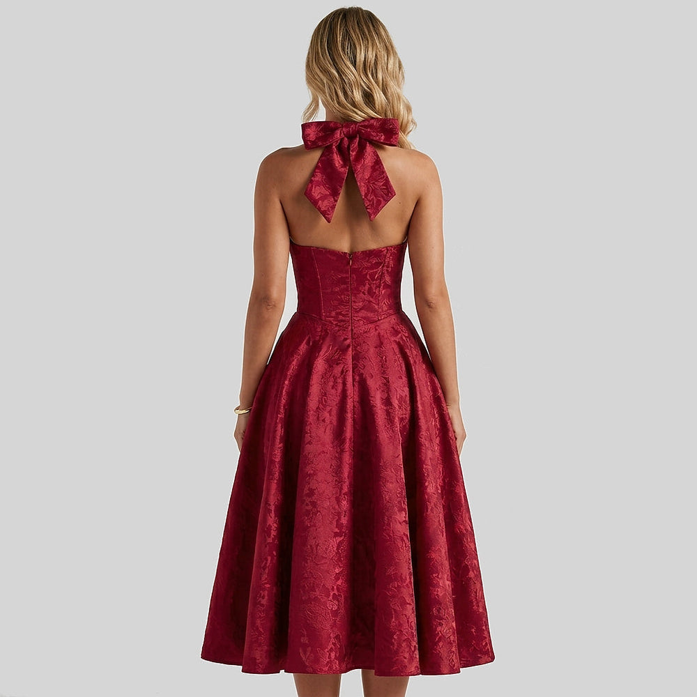Damen Neckholderkleid mit Korsett Oberteil und Strukturmuster und Schleife am Nacken