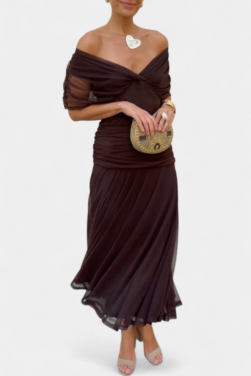 Amelie | Damen Off-Shoulder Cocktailparty-Kleid figurbetontes Chiffon Maxikleid