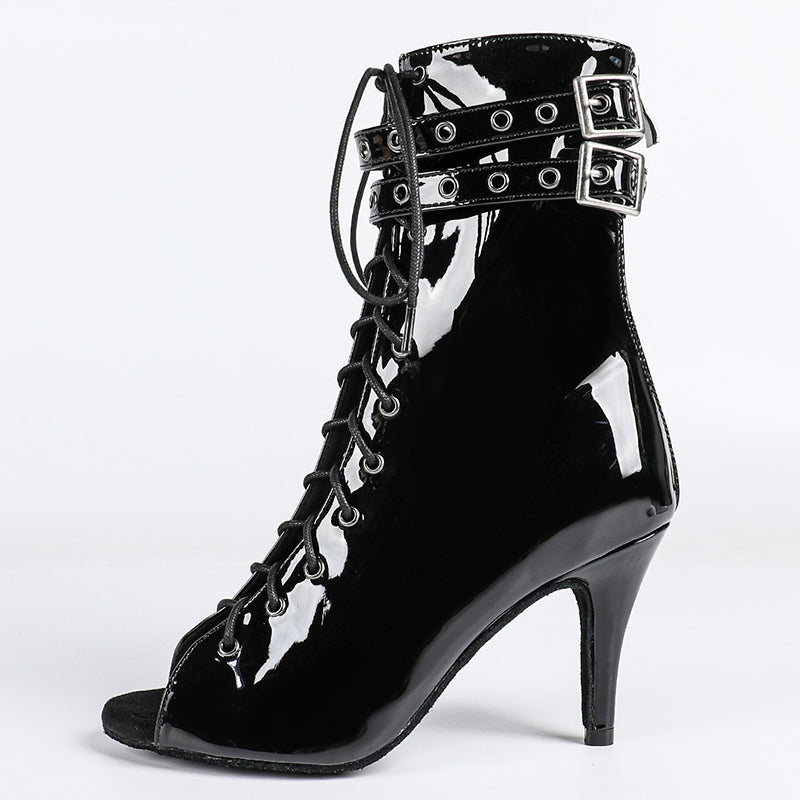 Damen Offene Ankle-Boots mit Schnürung, Riemen und Absatz
