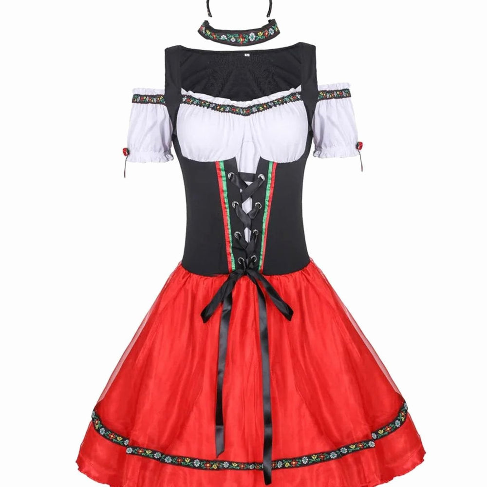 Marlene | Damen Oktoberfest Dirndl Kostüm Rot-Schwarz Trachtenkleid Mini