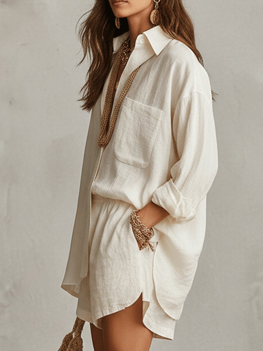 Marie | Damen Oversize Leinen Hemdkleid Shorts Set