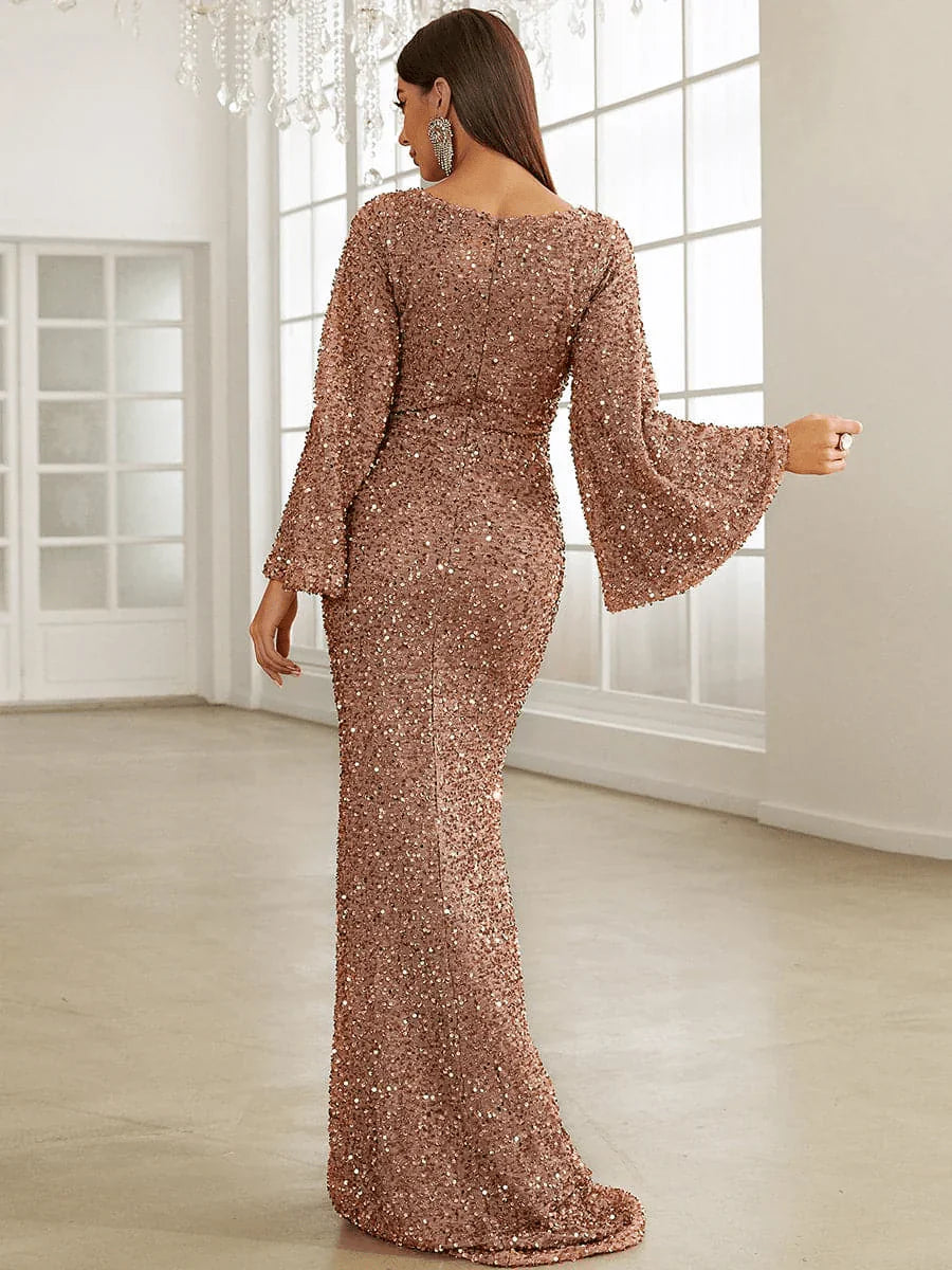 Damen Pailletten-Maxikleid mit V-Ausschnitt und Ausgestellten Ärmeln