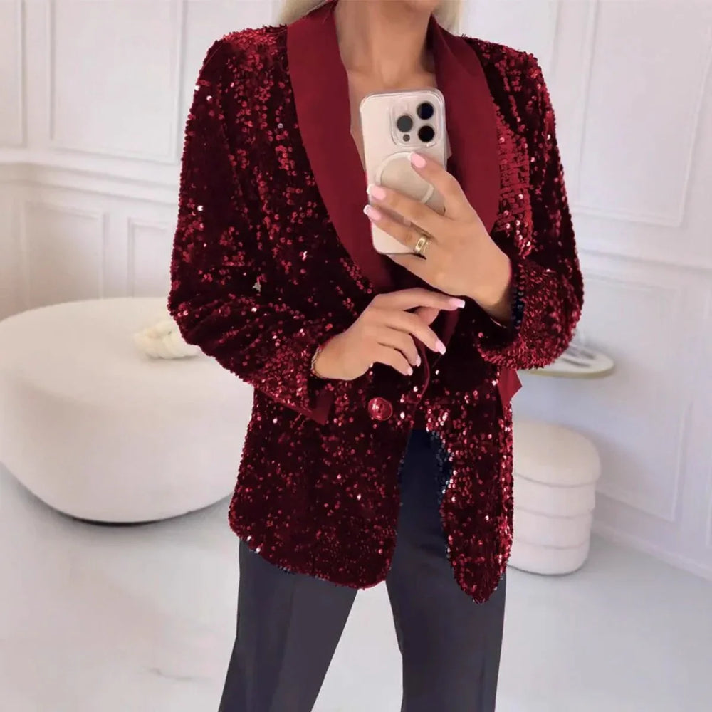 Damen Paillettenblazer mit Schalkragen und Ein-Knopf-Verschluss