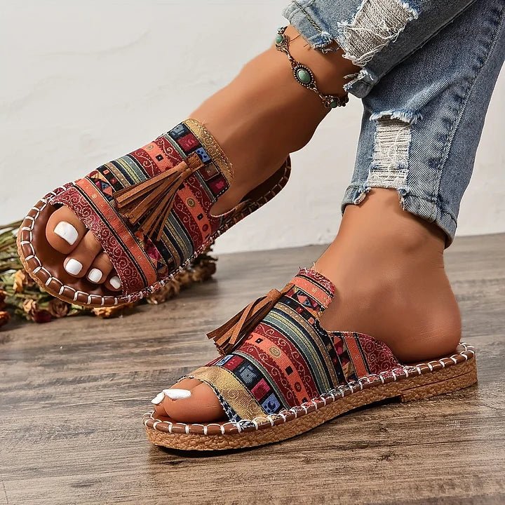 Amelie | Damen Pantoletten Ethno-Muster Quasten Flach Bequem