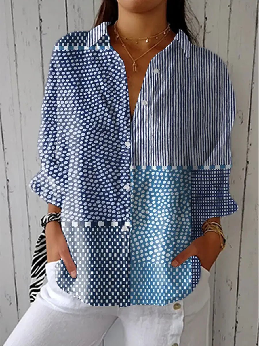 Sophie | Damen Patchwork-Bluse Langarm V-Ausschnitt Knopfleiste
