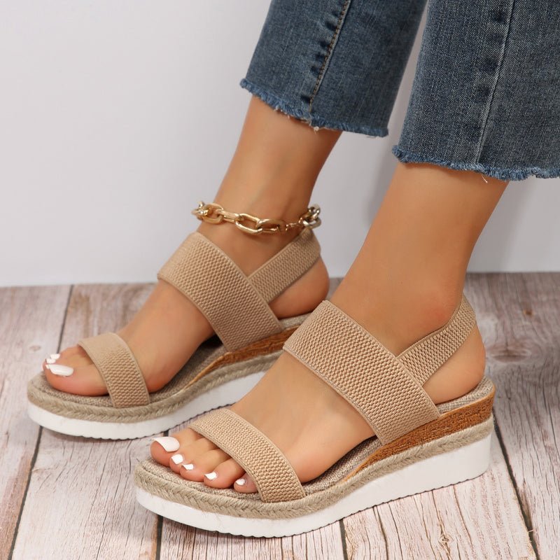 Damen-Plateau-Sandalen mit elastischen Riemen und Jute-Besatz