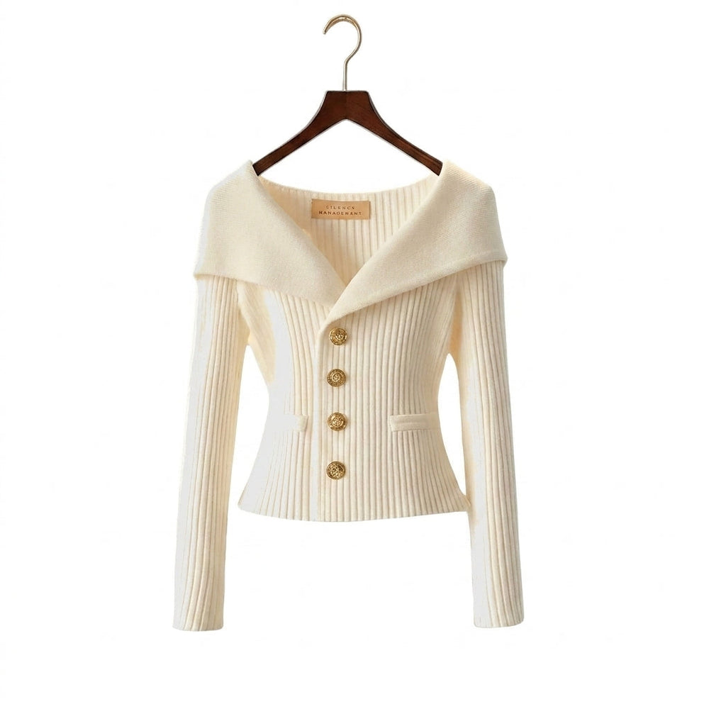 Damen-Rippstrick-Cardigan mit Off-Shoulder-Kragen und Zierknöpfen