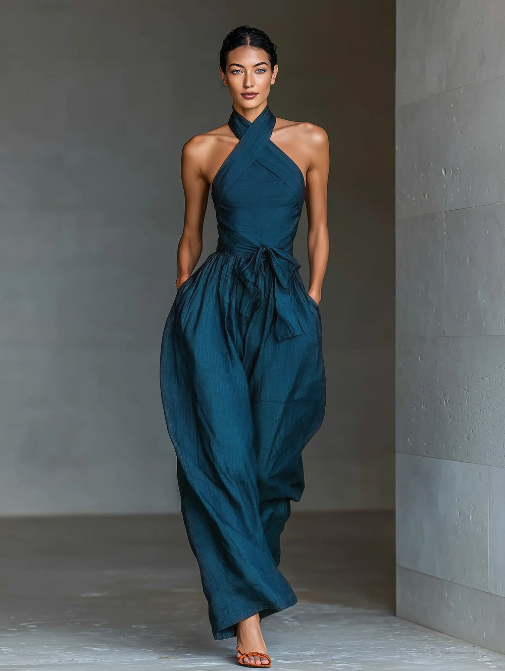 Lena | Damen Ärmellos Halterneck Leinen Jumpsuit Weites Bein