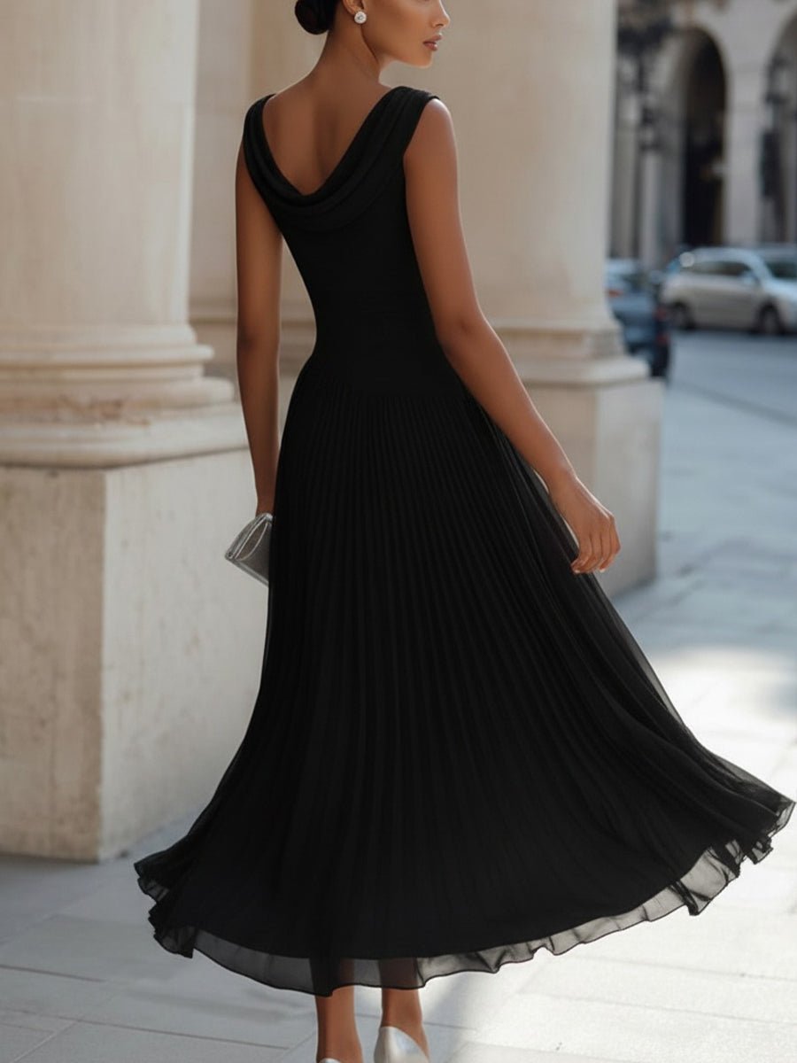 Hannah | Damen Ärmellos Plissee Midi-Kleid Drapierten Ausschnitt