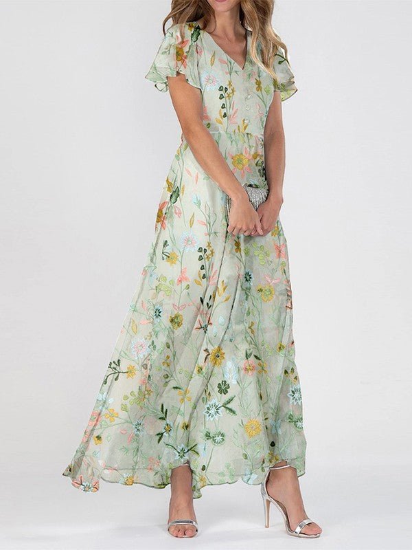 Marlene | Damen Romantisches Blumen Maxi-Kleid V-Ausschnitt