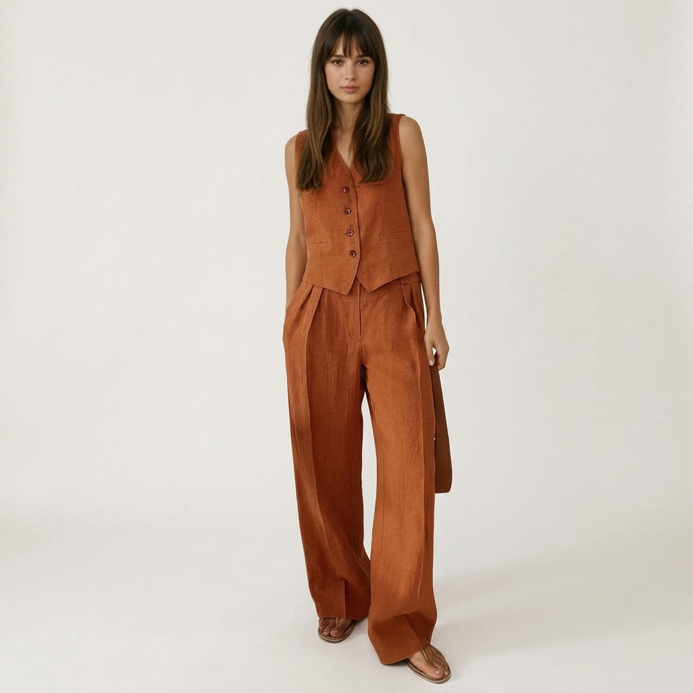 Damen-Set aus Weste mit Knopfleiste und Hose mit weitem Bein