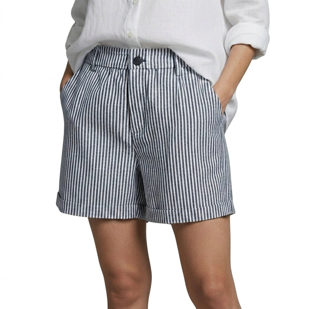 Damen Shorts mit vertikalen Streifen und hoher Taille und umgeschlagenem Saum und Gürtelschlaufen