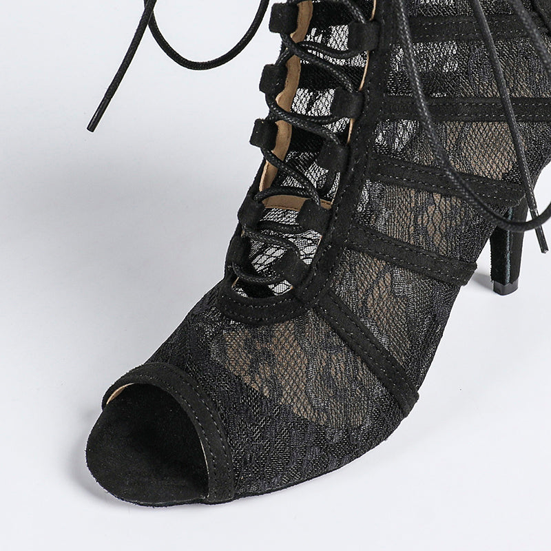Damen Stiefeletten mit offener Zehenpartie und Schnürverschluss