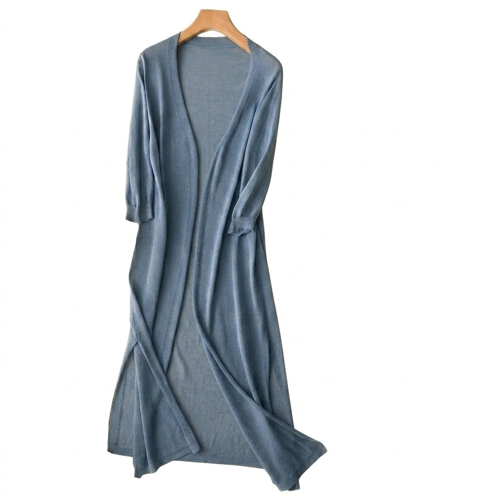 Damen-Strickjacke in langer Form mit offener Vorderseite und Seitenschlitzen