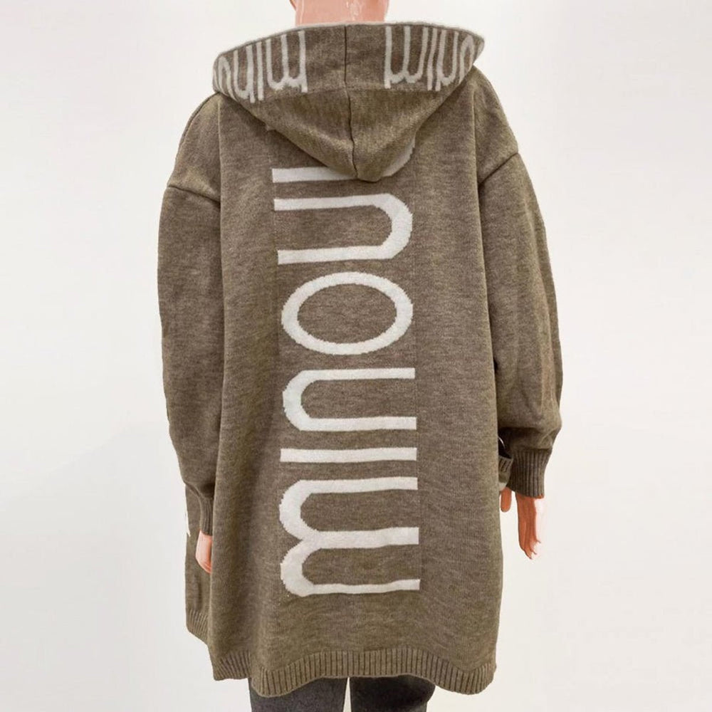 Lena | Damen Strickjacke mit Kapuze Langarm Schriftzug Muster