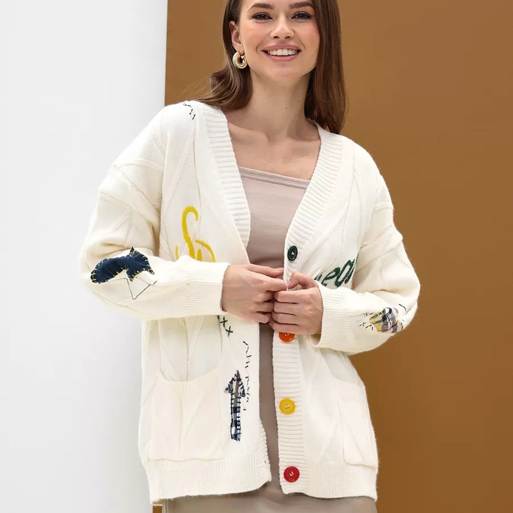 Damen Strickjacke mit Knopfleiste, V-Ausschnitt und aufgesetzten Taschen