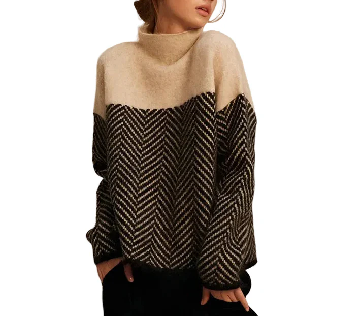 Damen Strickpullover mit Stehkragen und Zickzackmuster