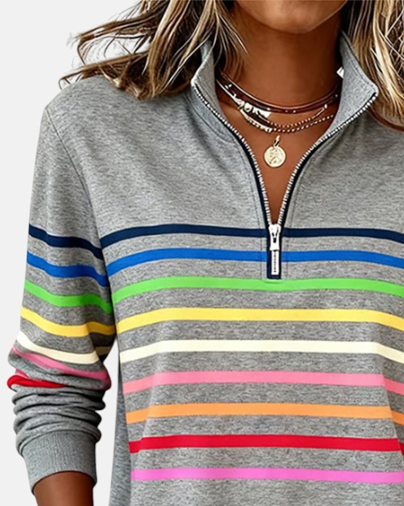 Greta | Damen Sweatshirt Gestreift Reißverschluss Regenbogen