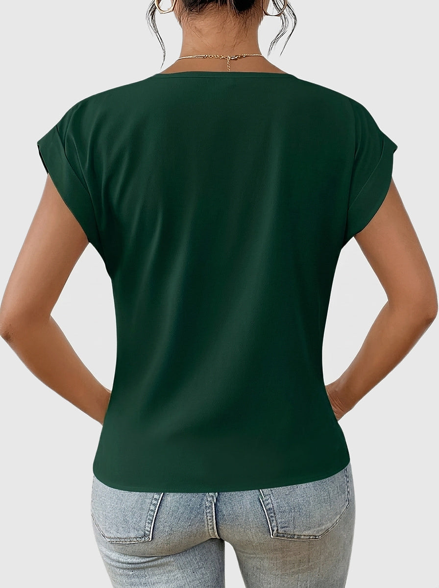 Damen-T-Shirt mit V-Ausschnitt, gekrempelten Ärmeln und Knotendetail