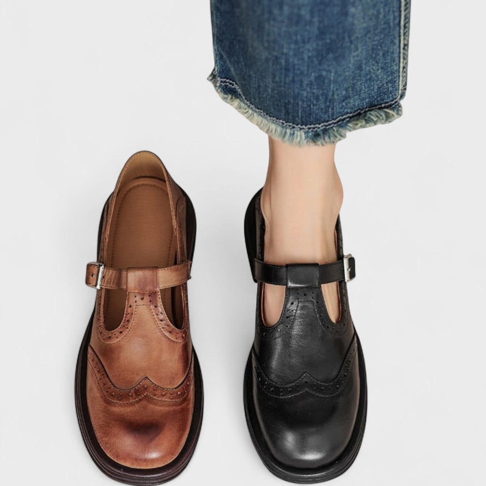 Damen-T-Spangen-Schuhe mit Flügelkappe und Brogue-Verzierungen