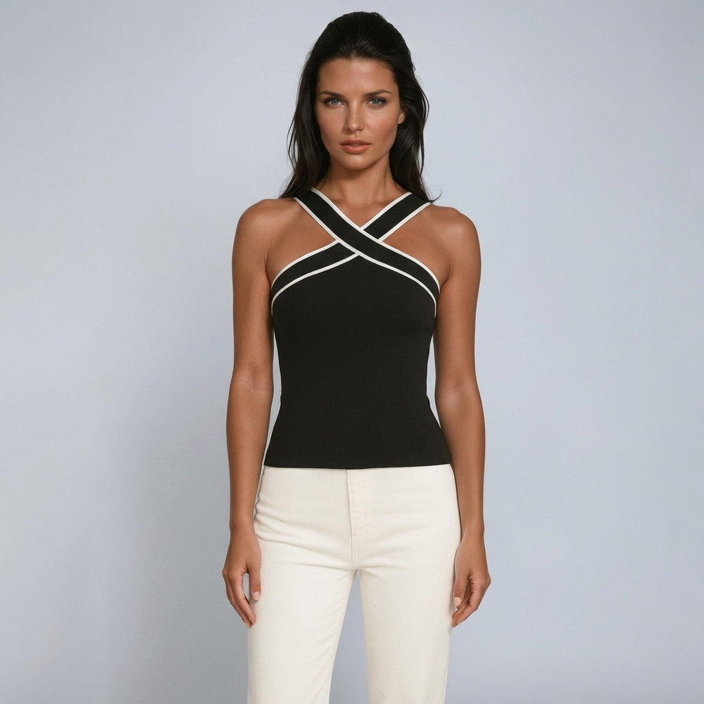 Damen-Tanktop mit überkreuztem Neckholder und Kontrastpaspelierung