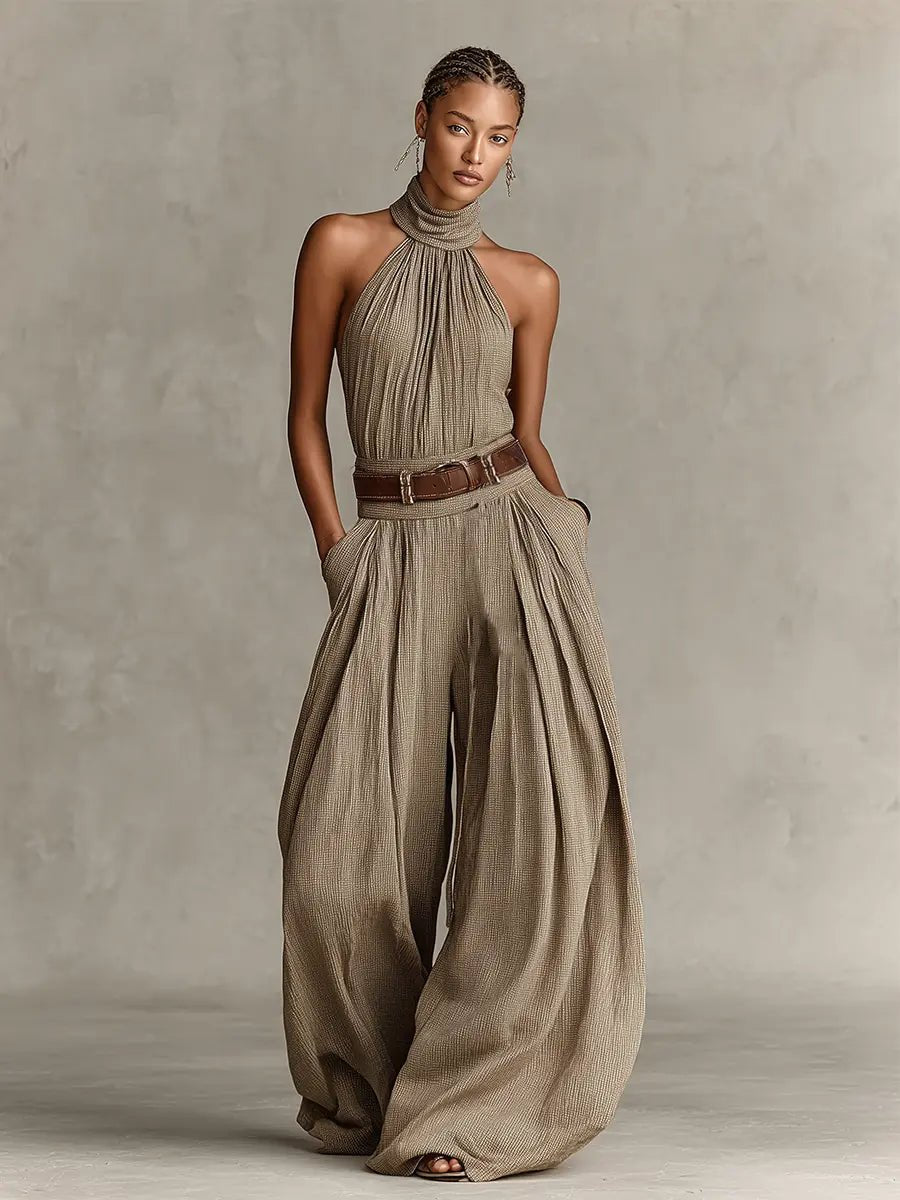 Luisa | Damen Taupe Neckholder Weites-Bein Jumpsuit