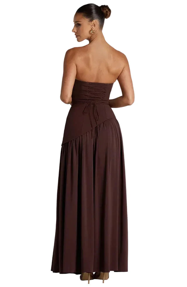 Damen trägerloses Maxikleid mit asymmetrischer Taille und Schlitz