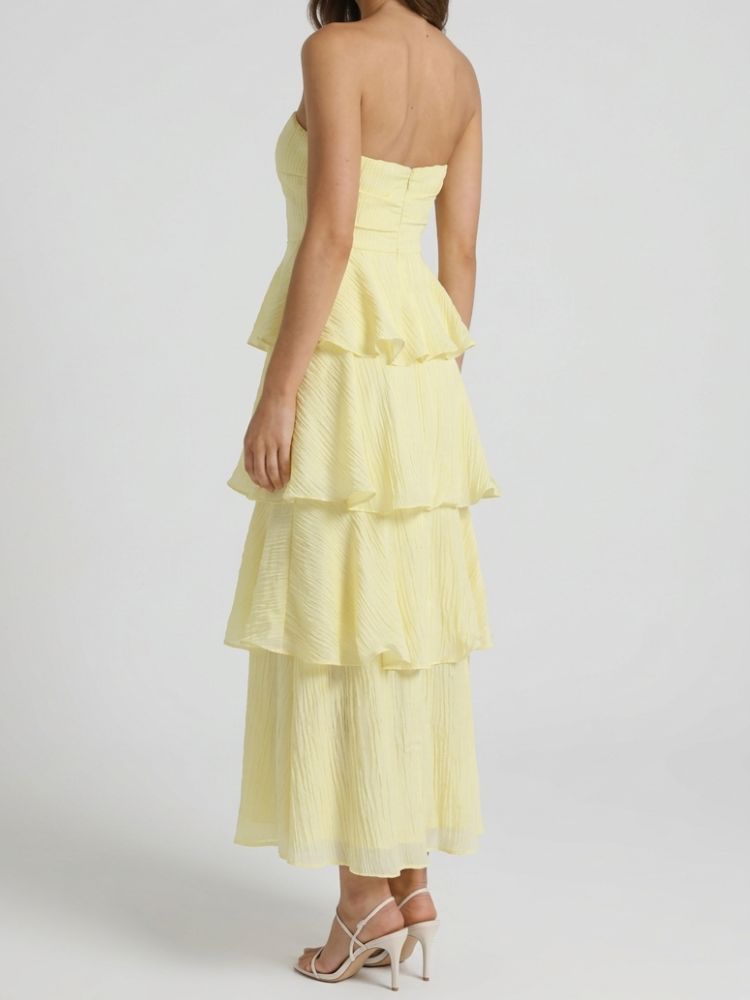 Damen trägerloses Maxikleid mit gestuftem Rock und Rüschenlagen